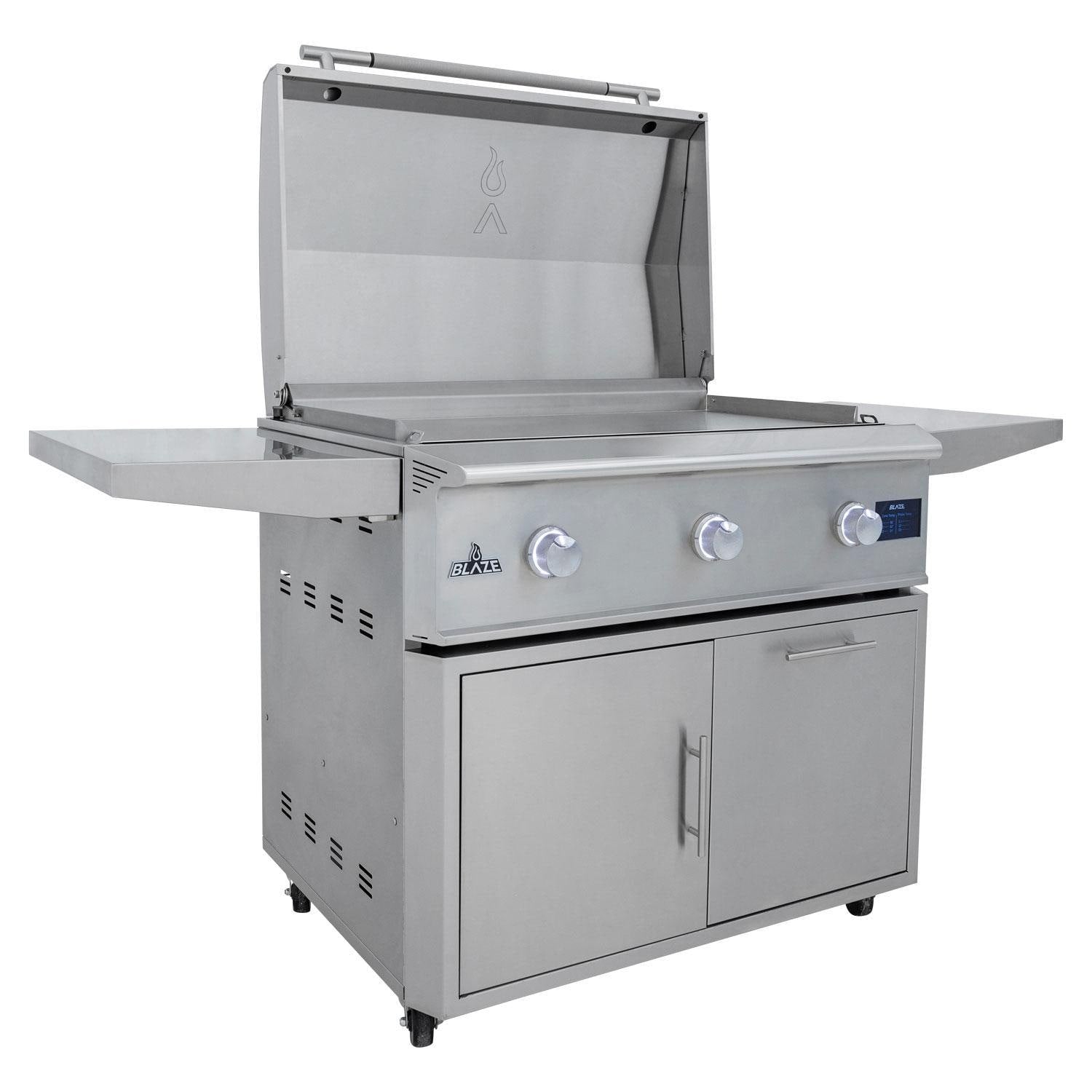 Three-quarter view of Blaze LTE PRO 40-inch freestanding gas griddle and stainless steel cart