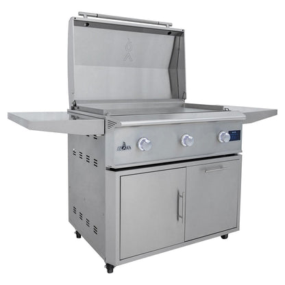 Three-quarter view of Blaze LTE PRO 40-inch freestanding gas griddle and stainless steel cart
