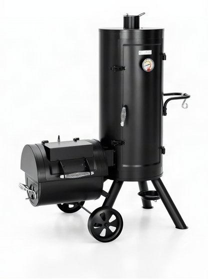 Black vertical smoker on wheels with a white background