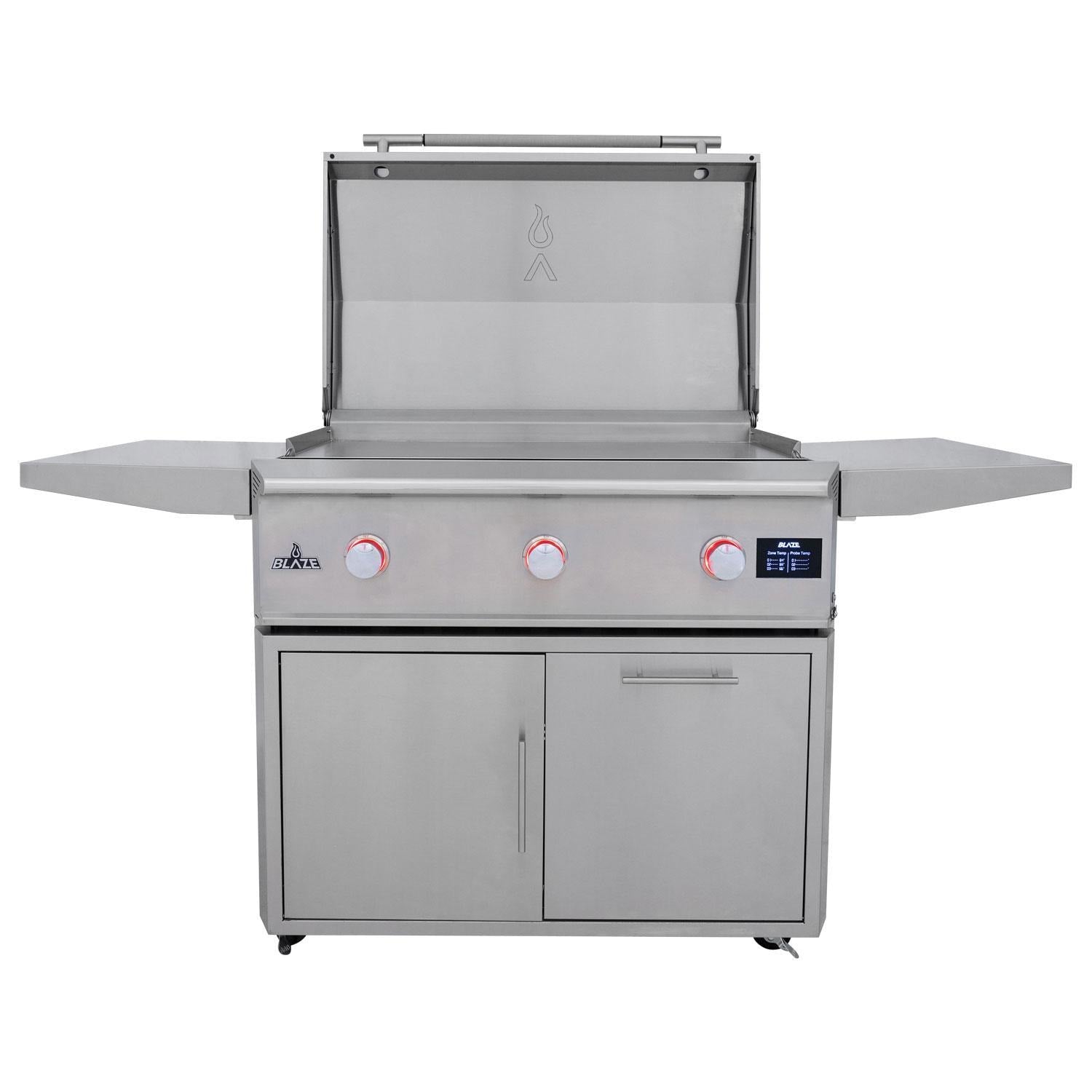Blaze LTE PRO 40-inch freestanding gas griddle with lid open and folding side shelves