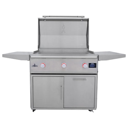 Blaze LTE PRO 40-inch freestanding gas griddle with lid open and folding side shelves
