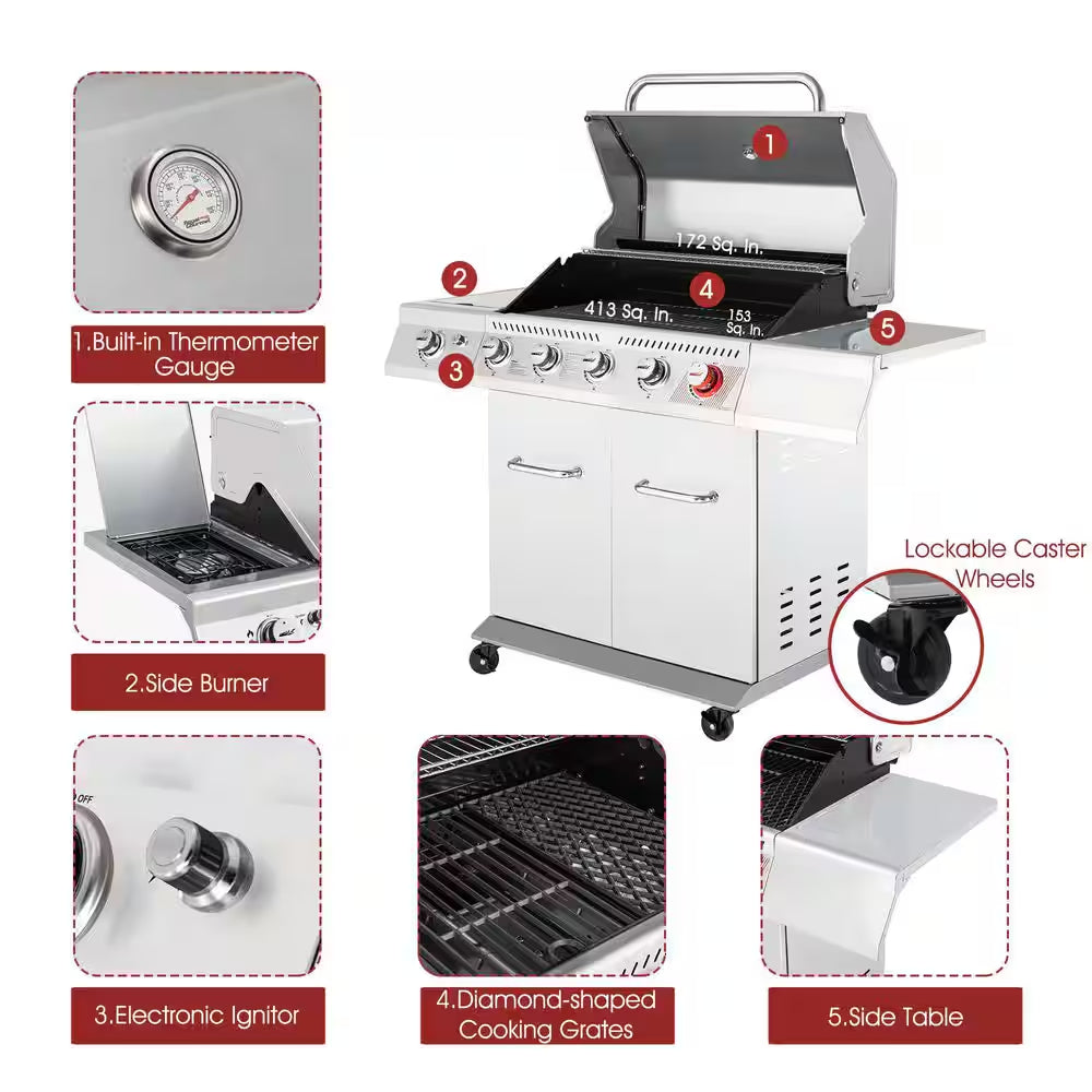 6 Burner Propane Gas Grill with Sear Burner and Side Burner, Cabinet Style, Silver