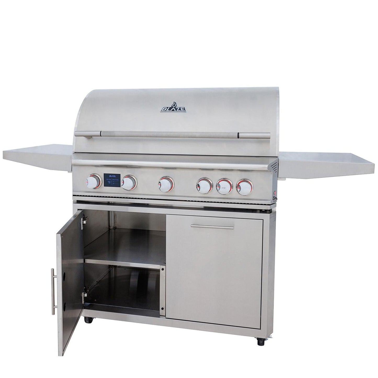 Blaze LTE PRO freestanding grill with storage cabinet door open