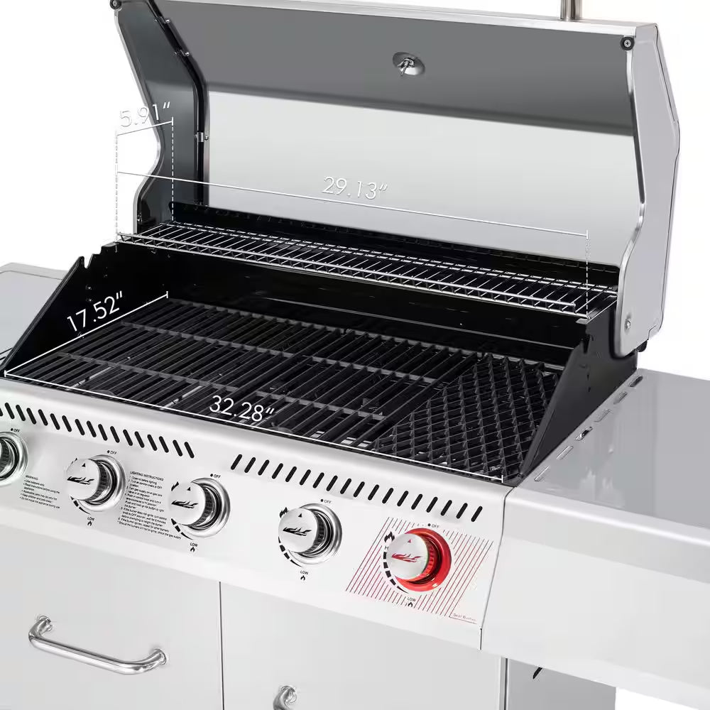 6 Burner Propane Gas Grill with Sear Burner and Side Burner, Cabinet Style, Silver