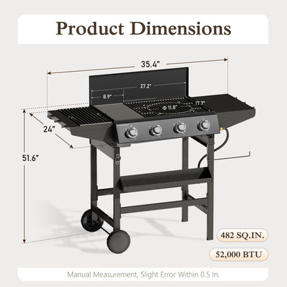 4-Burner Propane Gas Grill All-In-One 52,000 BTU BBQ Grill with Grates and Griddle 485 SQ.IN. Cooking Area