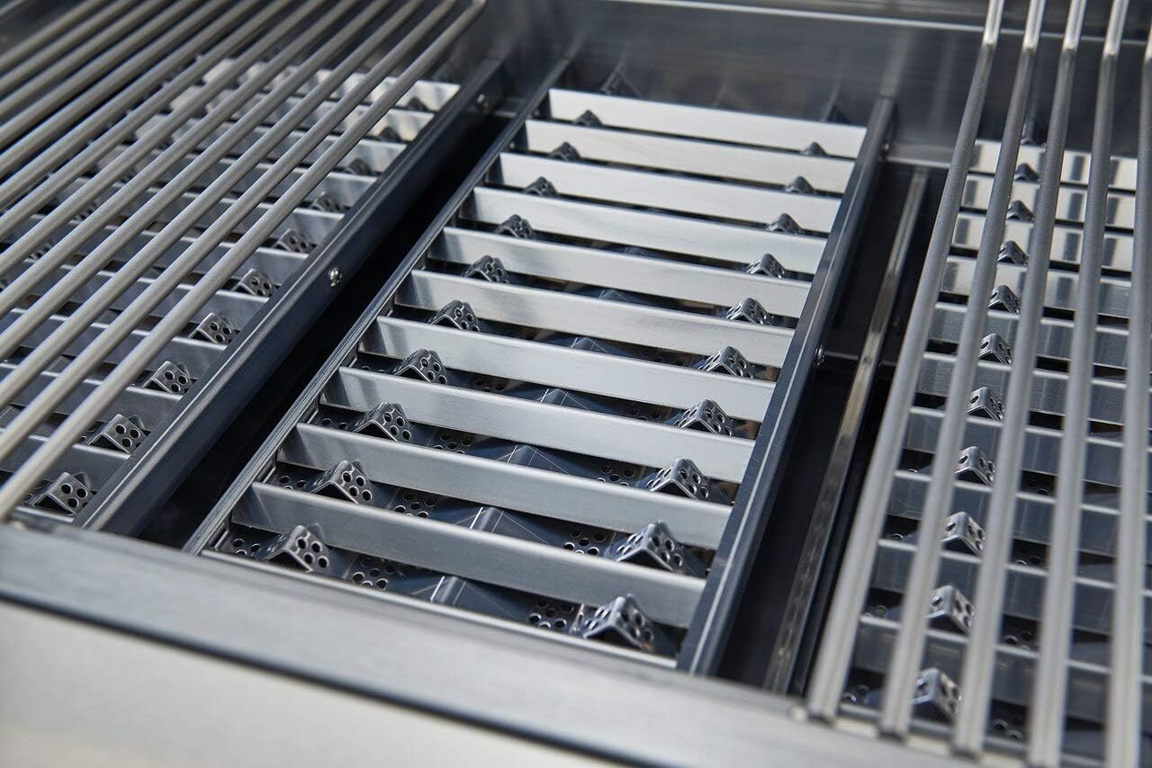 Stainless steel flare-control vaporizers inside the Broilmaster G-Series Elite grill