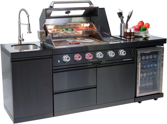 Daheat Black Stainless Steel Outdoor Kitchen Island with Sink, 46-Inch 4-Burner 72,000 BTU Grill, Wine Cooler, Refrigerator, Rotisserie & Granite Top