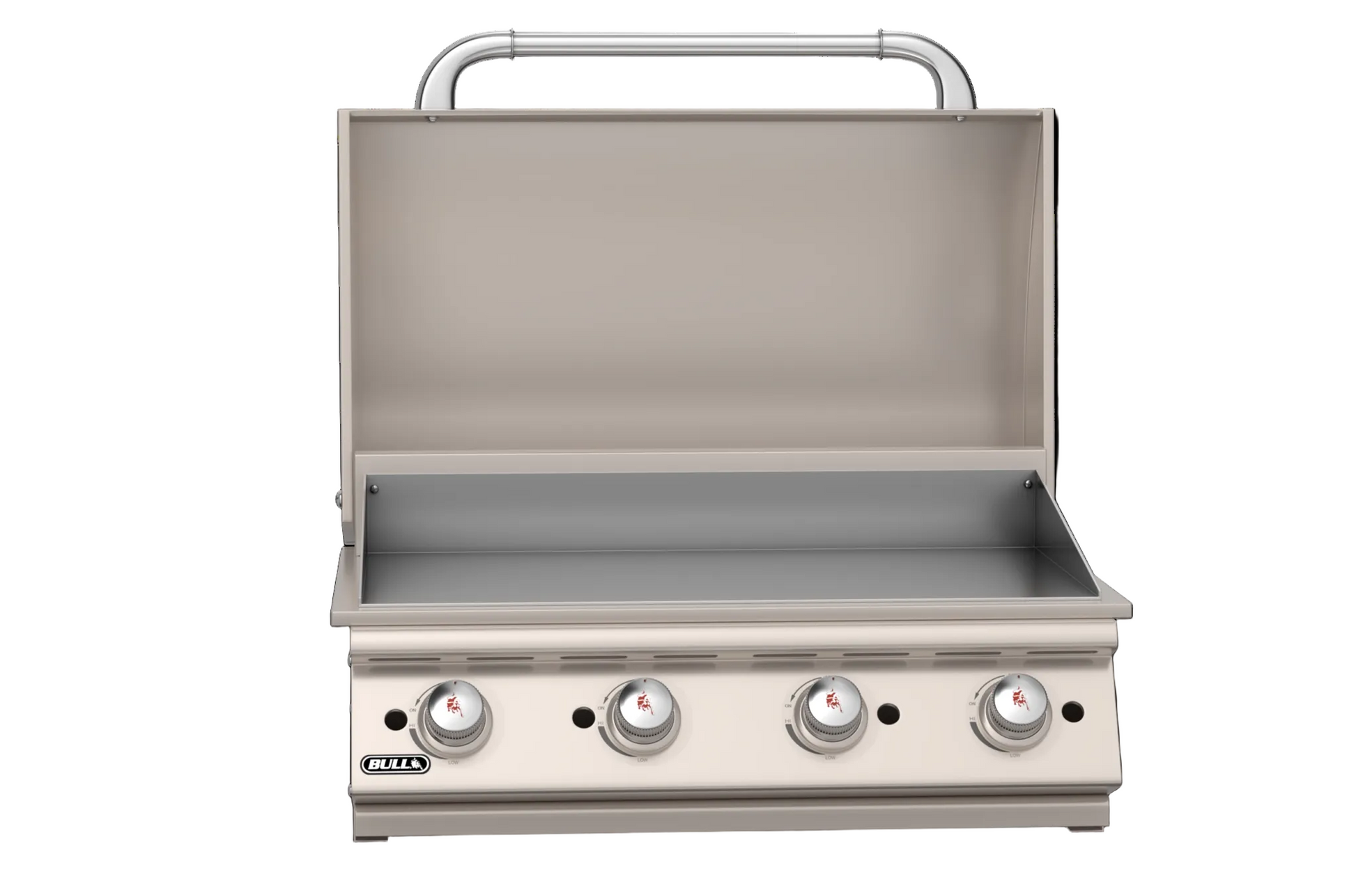 Bull 30-inch griddle cooking surface and four-burner control panel with hood open