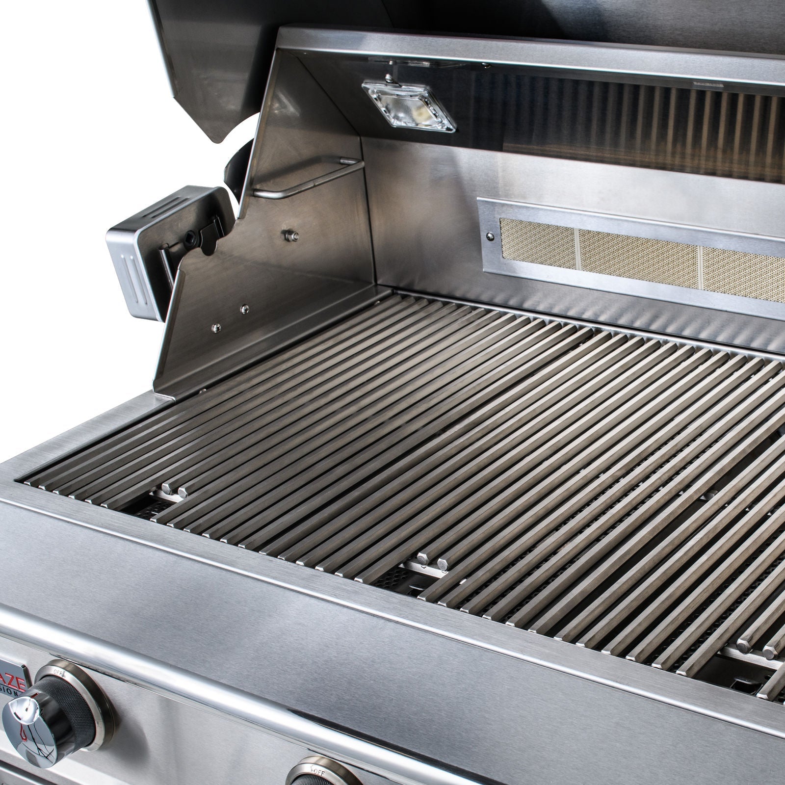 Open Blaze Professional LUX 34-inch grill showing cooking surface and warming rack