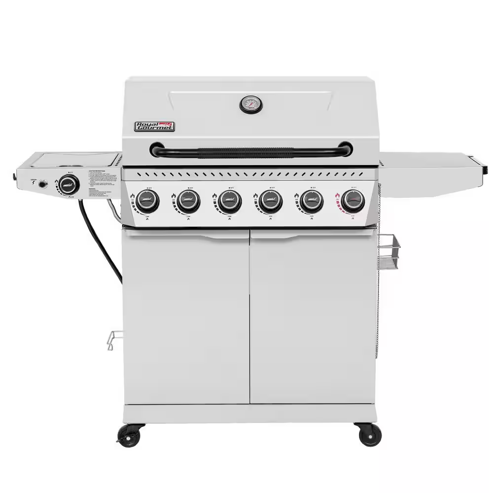 6-Burner BBQ Liquid Propane Gas Grill, with Sear Burner and Side Burner, Stainless Steel and Foldable Side Shelf, White