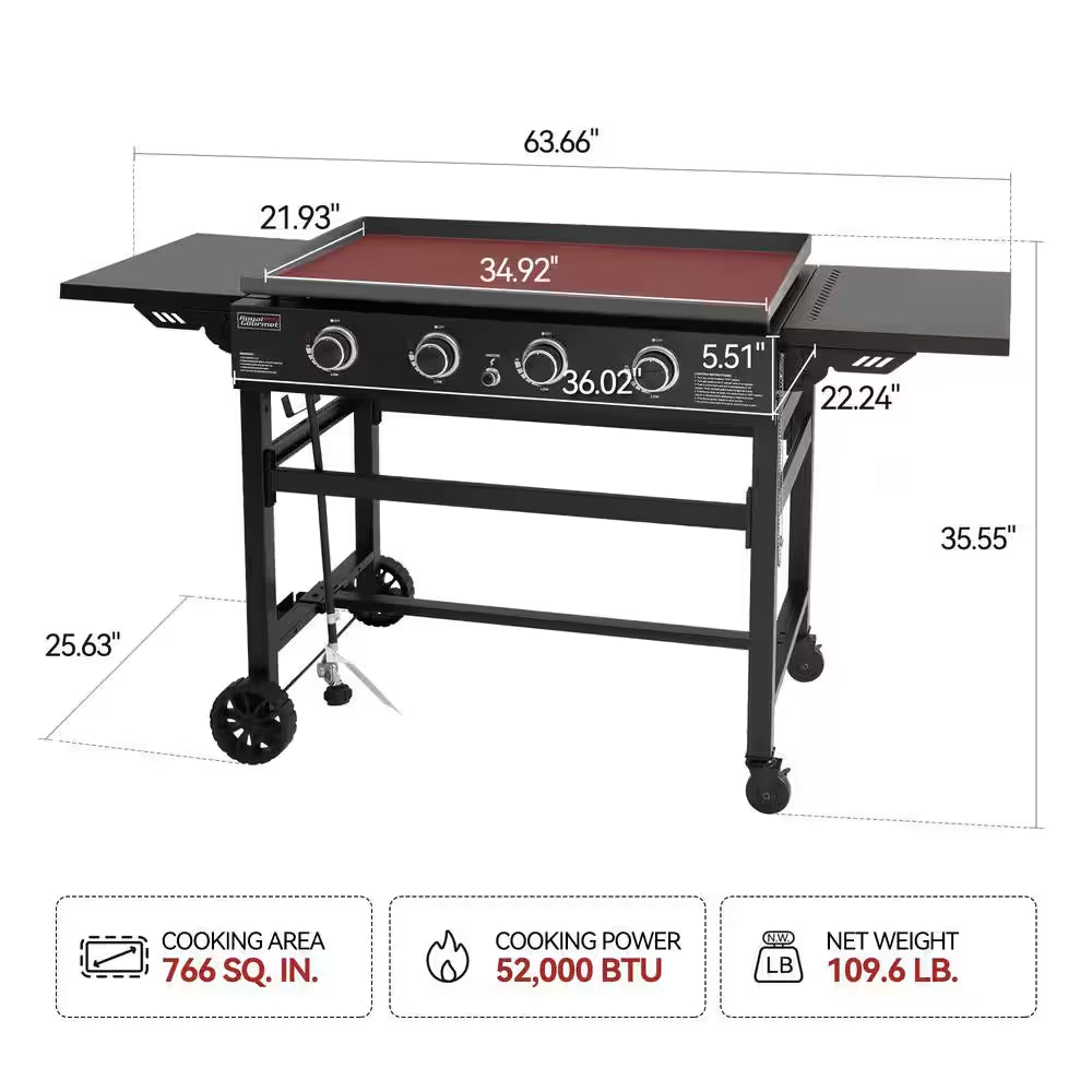 35 In. 4-Burner Flat Top Gas Griddle, 52,000 BTU Cooking Power, Perfect for Outdoor Cooking, Black
