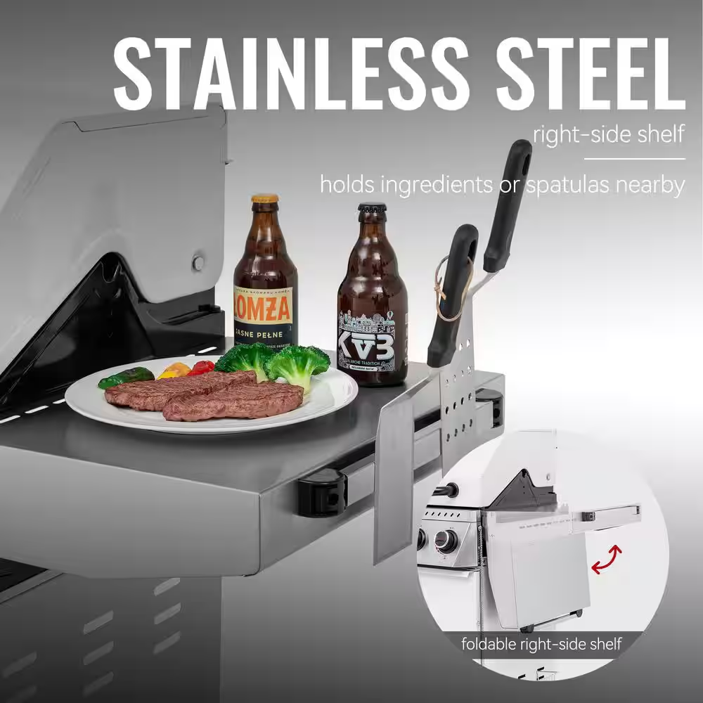 6-Burner BBQ Liquid Propane Gas Grill, with Sear Burner and Side Burner, Stainless Steel and Foldable Side Shelf, White