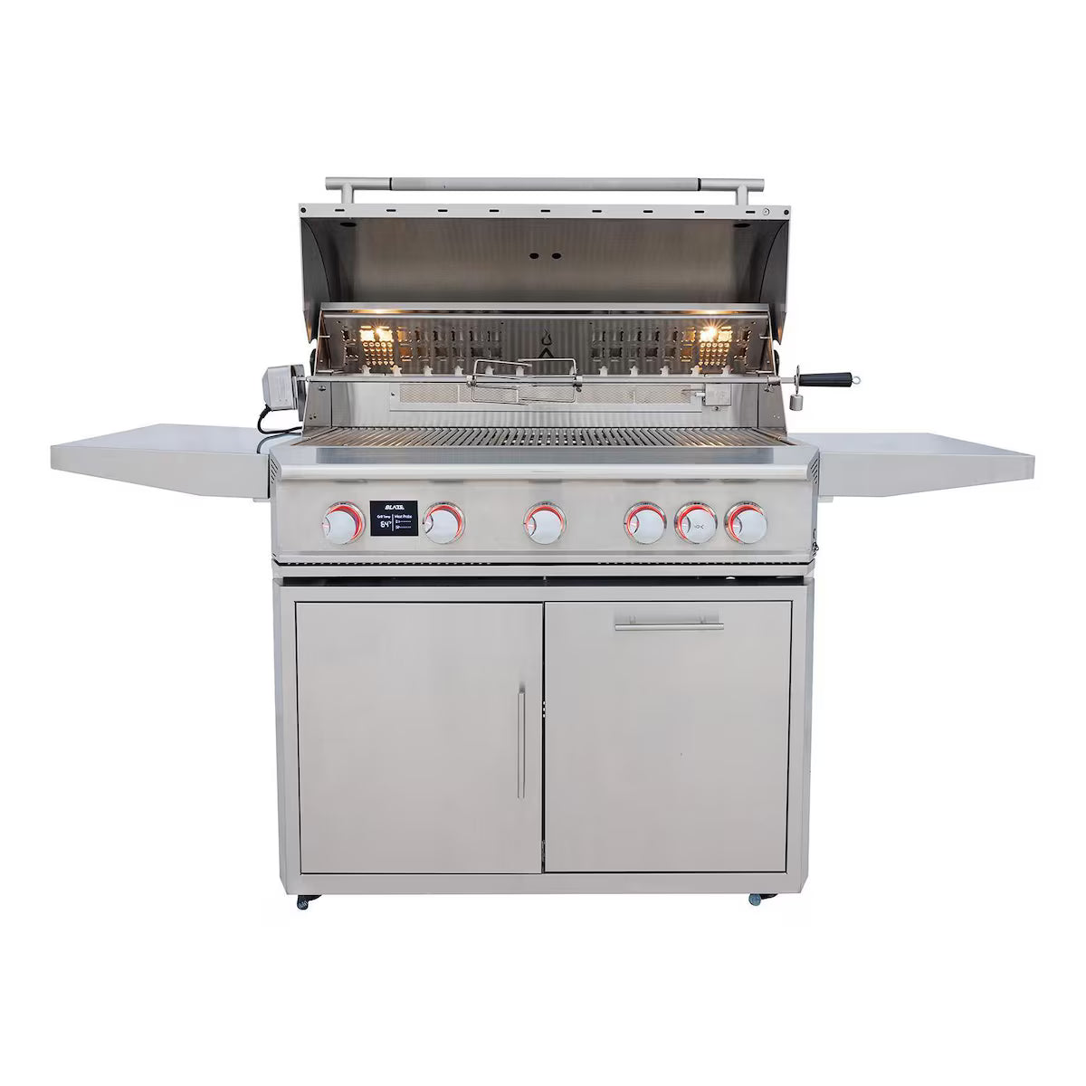 Blaze LTE PRO 40-inch freestanding grill with hood open and rotisserie installed