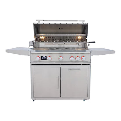 Blaze LTE PRO 40-inch freestanding grill with hood open and rotisserie installed