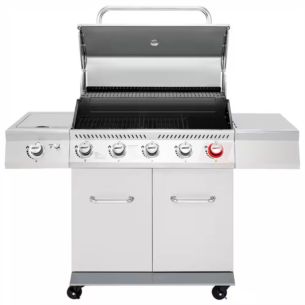 6 Burner Propane Gas Grill with Sear Burner and Side Burner, Cabinet Style, Silver