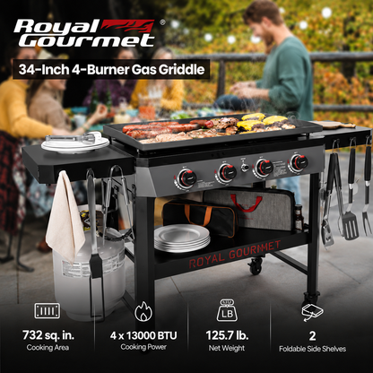 34-In. 4-Burner Propane Gas Griddle with Collapsible Side Shelves and Storage Baskett, 52,000 BTU, Black