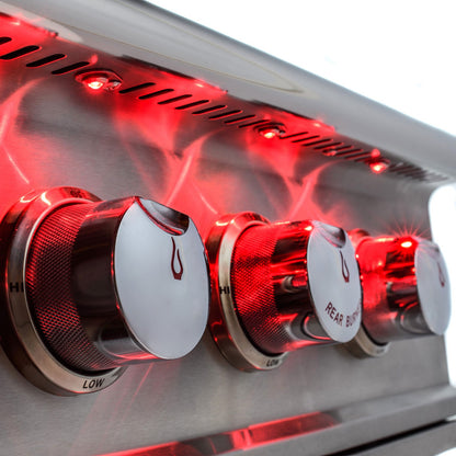 Red illuminated control knobs on Blaze Professional LUX gas grill