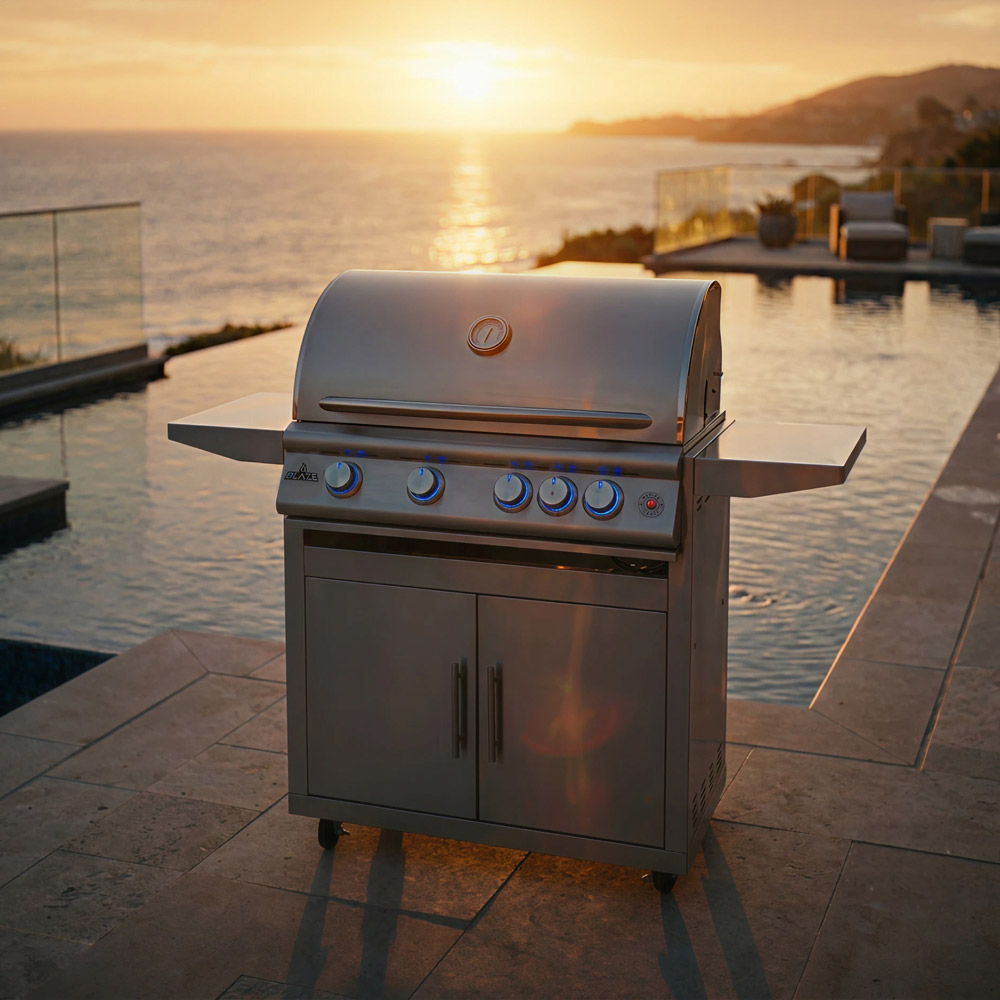 Blaze LTE+ Marine Grade freestanding gas grill beside a coastal pool at sunset