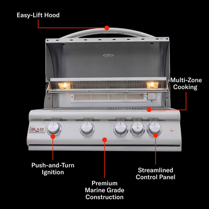 Blaze LTE+ Marine Grade grill features including easy-lift hood and multi-zone cooking
