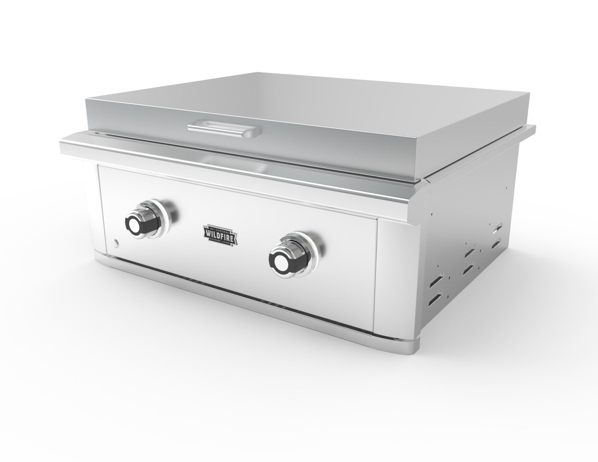 Wildfire Ranch Pro 30-inch griddle in 304 stainless steel, angled view
