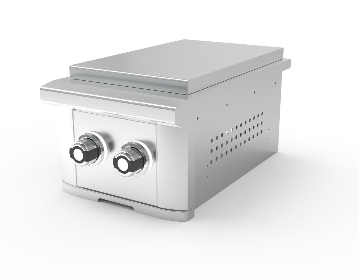 A stainless steel outdoor gas grill with two front control knobs, shown at a three-quarter angle on a clean white background.