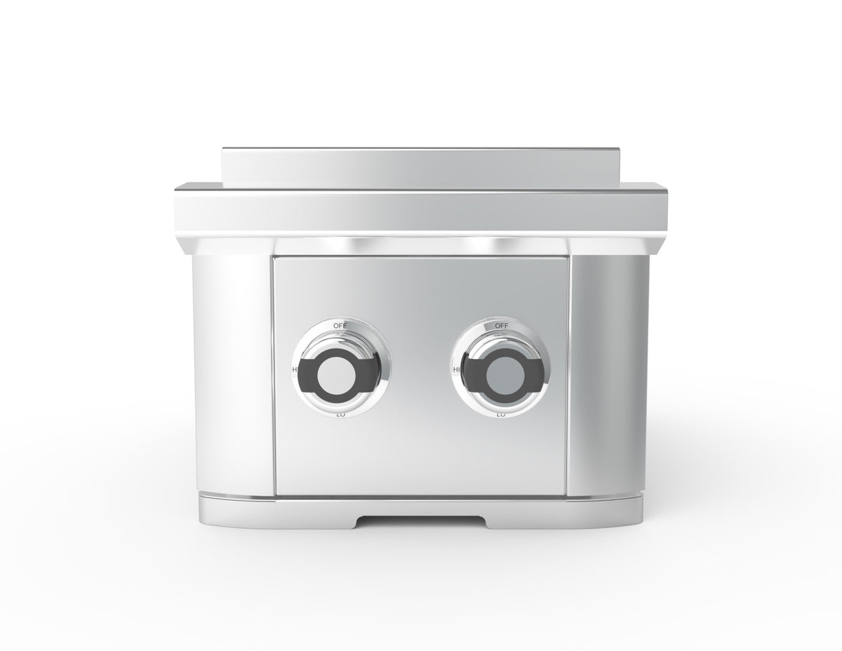 A modern stainless steel outdoor grill or smoker with two round control knobs on the front, shown from a front-facing perspective on a clean white background.