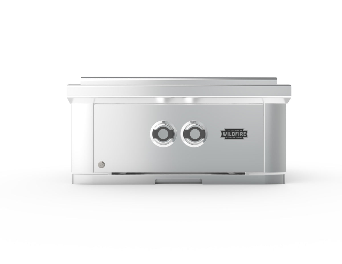 Stainless steel grill with two knobs on a white background