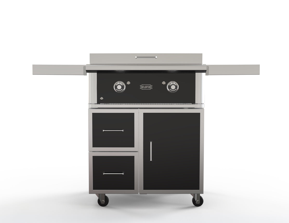 Wildfire griddle cart in black stainless steel, front view, shown with a Ranch Pro gas griddle (sold separately)