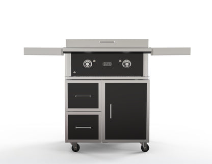 Wildfire griddle cart in black stainless steel, front view, shown with a Ranch Pro gas griddle (sold separately)