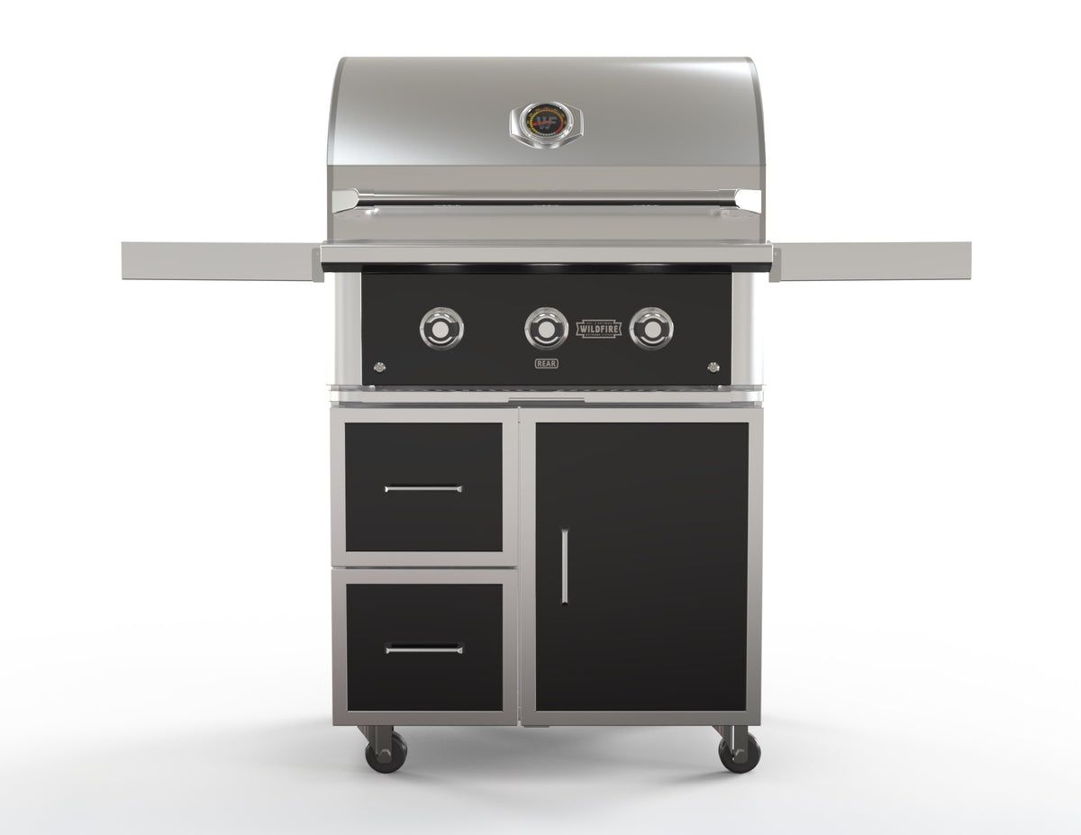 Wildfire 30-inch grill cart in black stainless steel, front view, shown with a Ranch Pro grill head (sold separately)