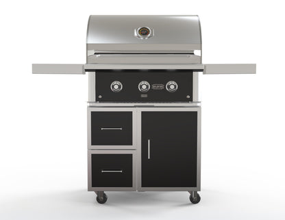 Wildfire 30-inch grill cart in black stainless steel, front view, shown with a Ranch Pro grill head (sold separately)