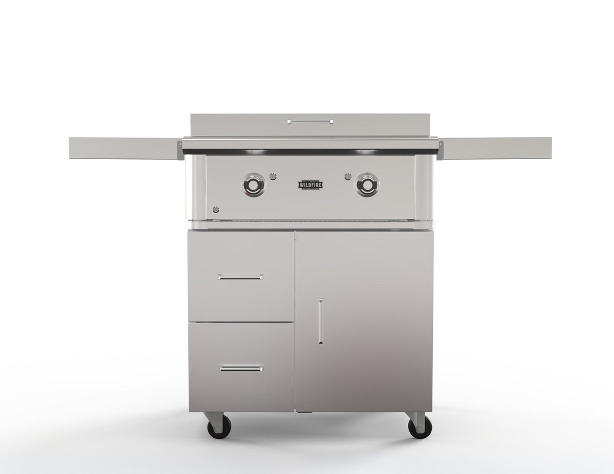 Wildfire griddle cart in stainless steel, front view, shown with a Ranch Pro gas griddle (sold separately)