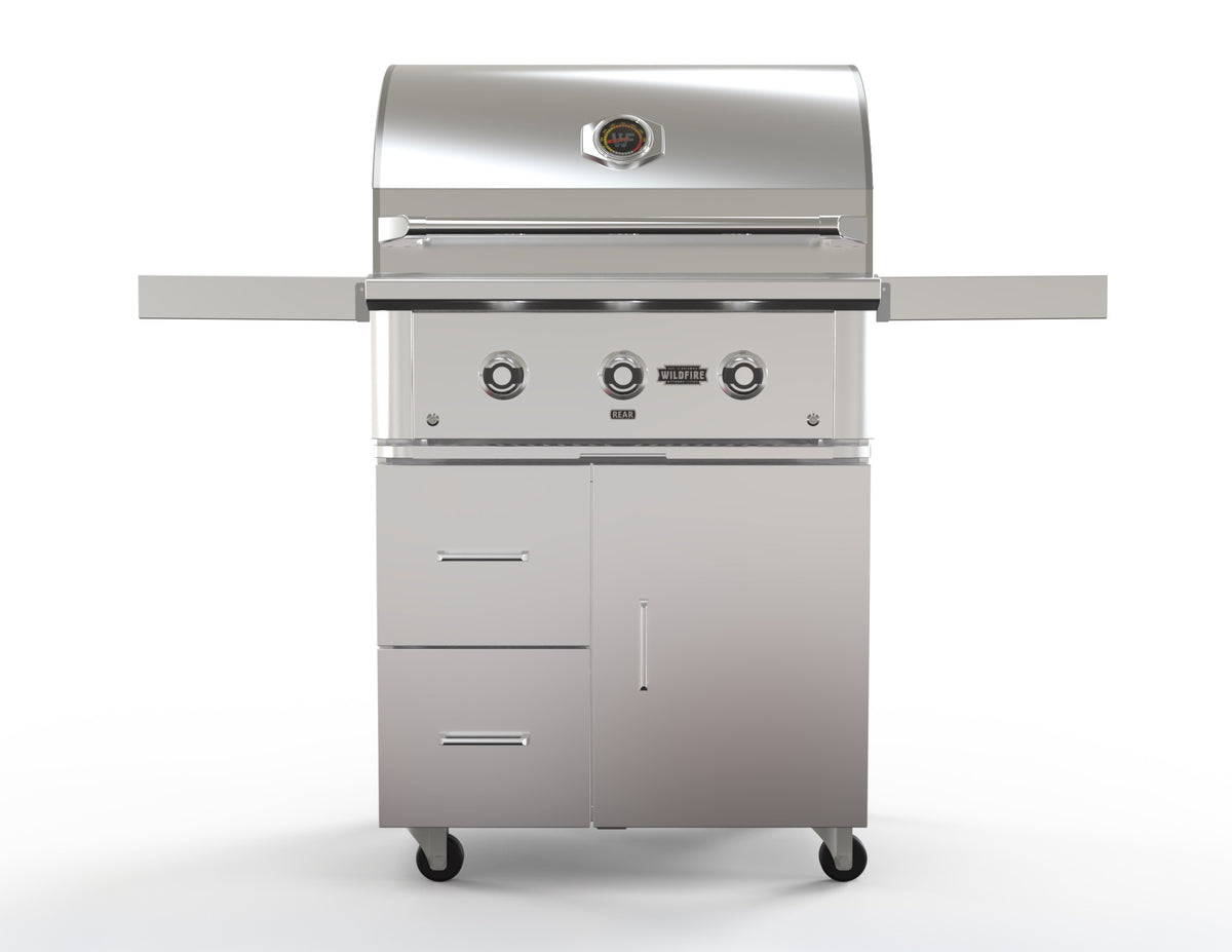 Wildfire 30-inch grill cart in stainless steel, front view, shown with a Ranch Pro grill head (sold separately)