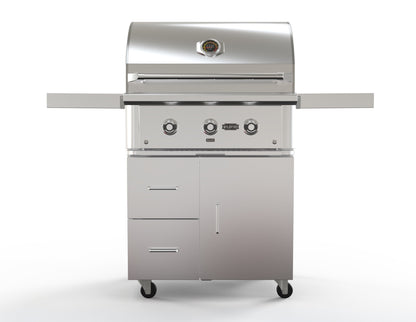 Wildfire 30-inch grill cart in stainless steel, front view, shown with a Ranch Pro grill head (sold separately)