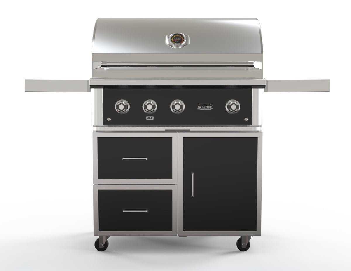 Wildfire 36-inch grill cart in black stainless steel, front view, shown with a Ranch Pro grill head (sold separately)