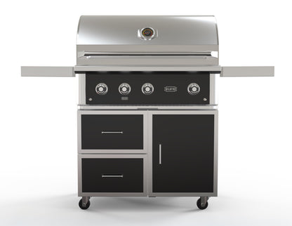 Wildfire 36-inch grill cart in black stainless steel, front view, shown with a Ranch Pro grill head (sold separately)