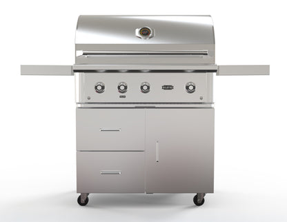 Wildfire 36-inch grill cart in stainless steel, front view, shown with a Ranch Pro grill head (sold separately)