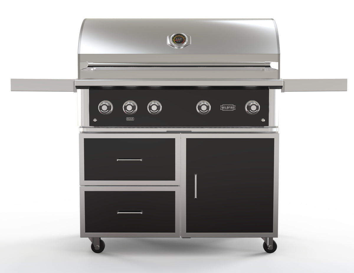 Wildfire 42-inch grill cart in black stainless steel, front view, shown with a Ranch Pro grill head (sold separately)