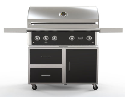Wildfire 42-inch grill cart in black stainless steel, front view, shown with a Ranch Pro grill head (sold separately)