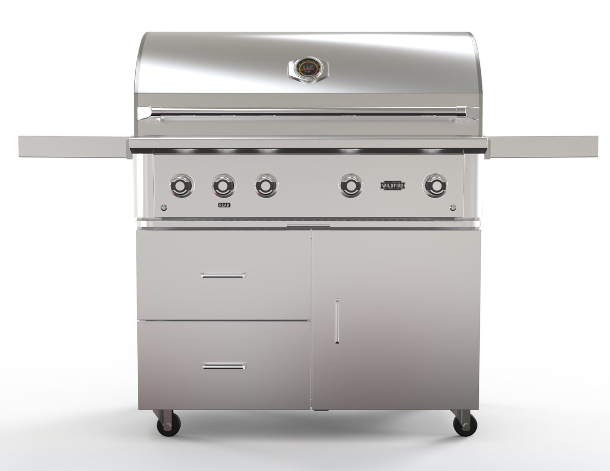 Wildfire 42-inch grill cart in stainless steel, front view, shown with a Ranch Pro grill head (sold separately)
