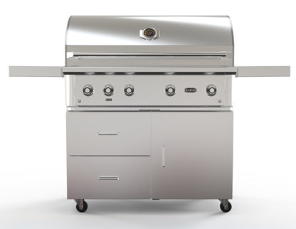 Wildfire 42-inch grill cart in stainless steel, front view, shown with a Ranch Pro grill head (sold separately)