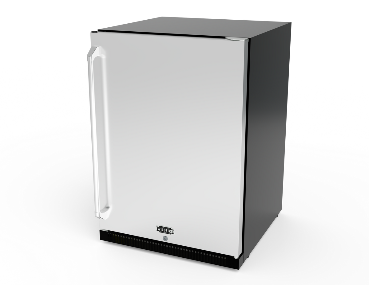 Wildfire 24-inch outdoor refrigerator in stainless steel with chrome handle, angled view