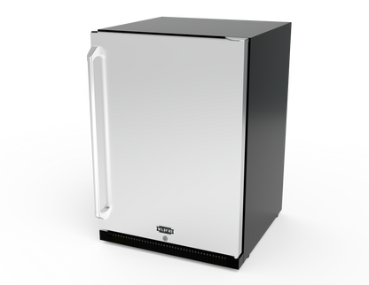 Wildfire 24-inch outdoor refrigerator in stainless steel with chrome handle, angled view