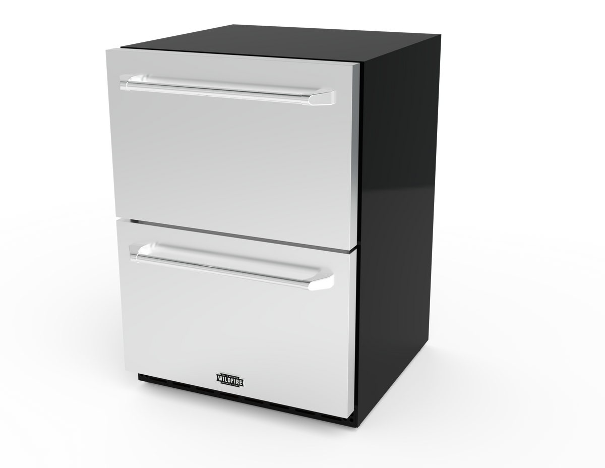 Wildfire 24-inch dual drawer outdoor refrigerator in stainless steel with chrome handles, angled view
