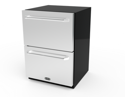 Wildfire 24-inch dual drawer outdoor refrigerator in stainless steel with chrome handles, angled view
