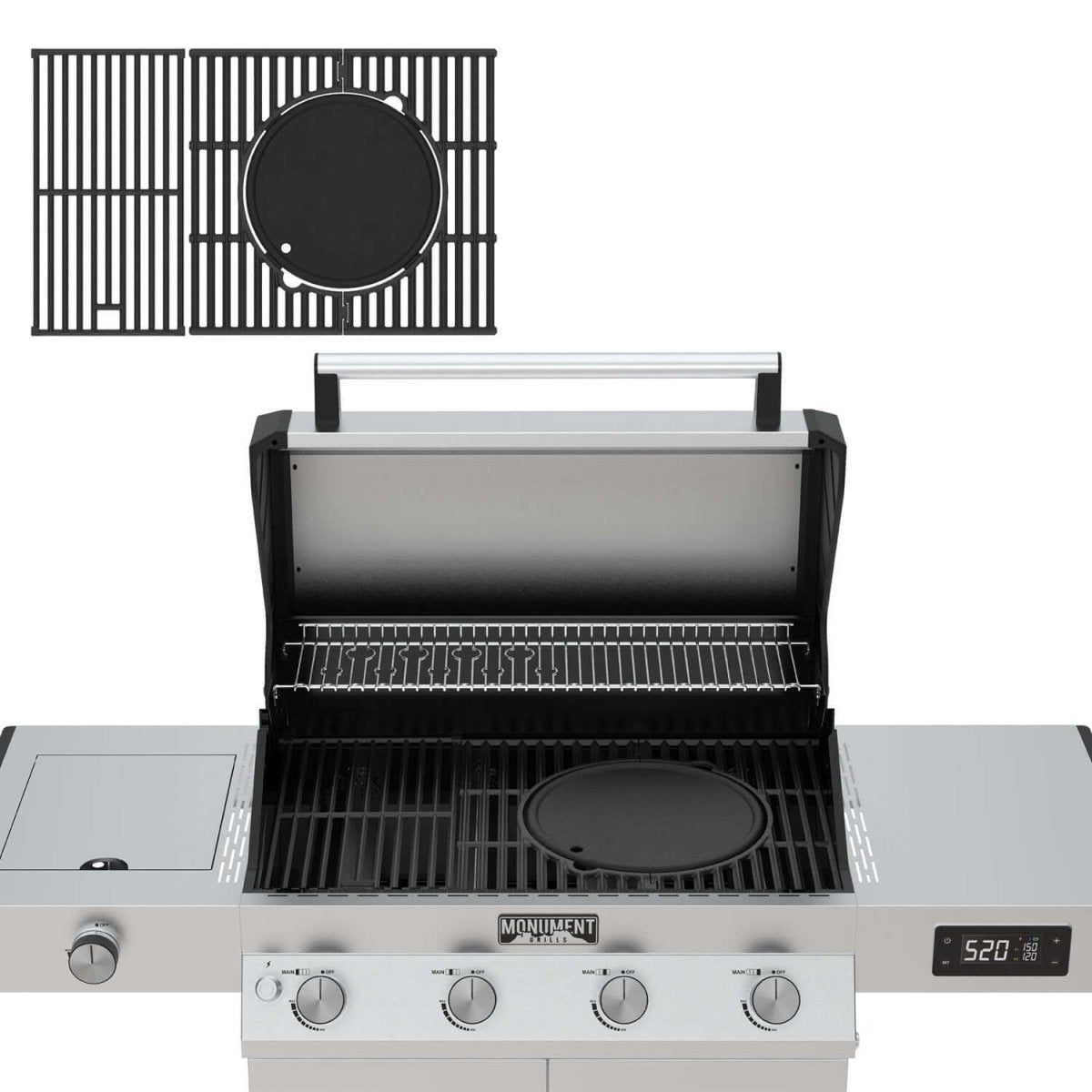 Monument Grills A104 multifunction grate with a round cast iron plate in a Monument gas grill