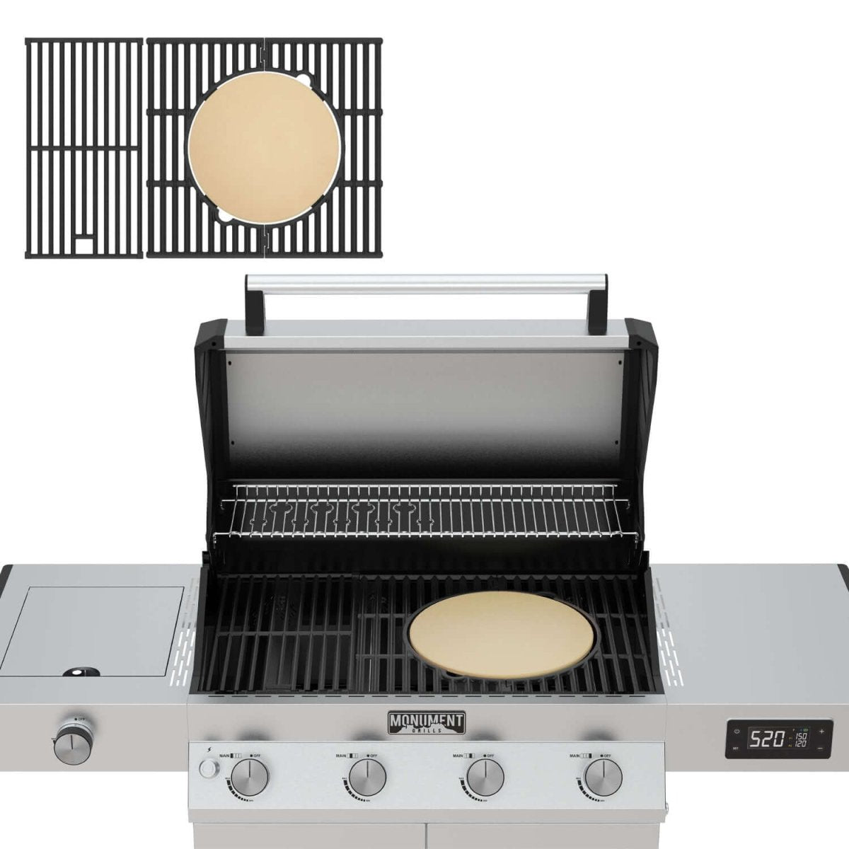 Monument Grills A104 multifunction grate with a pizza stone in a Monument gas grill