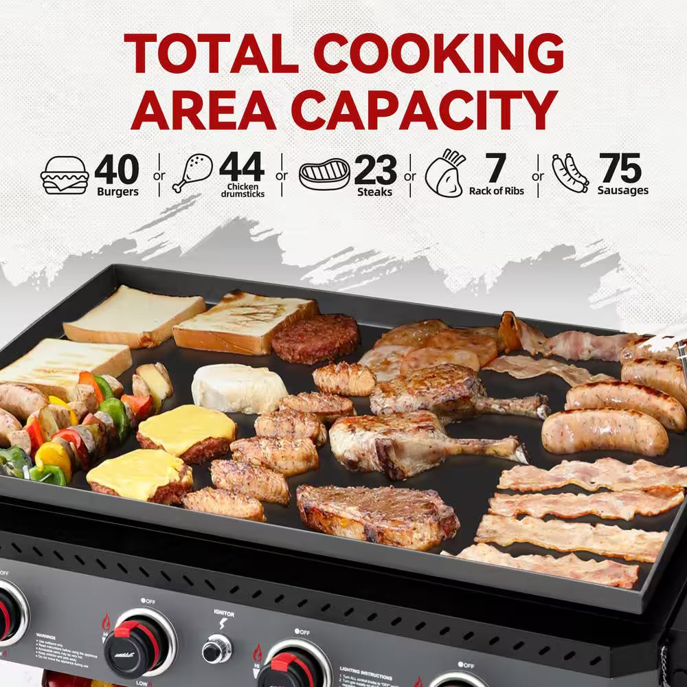 34-In. 4-Burner Propane Gas Griddle with Collapsible Side Shelves and Storage Baskett, 52,000 BTU, Black
