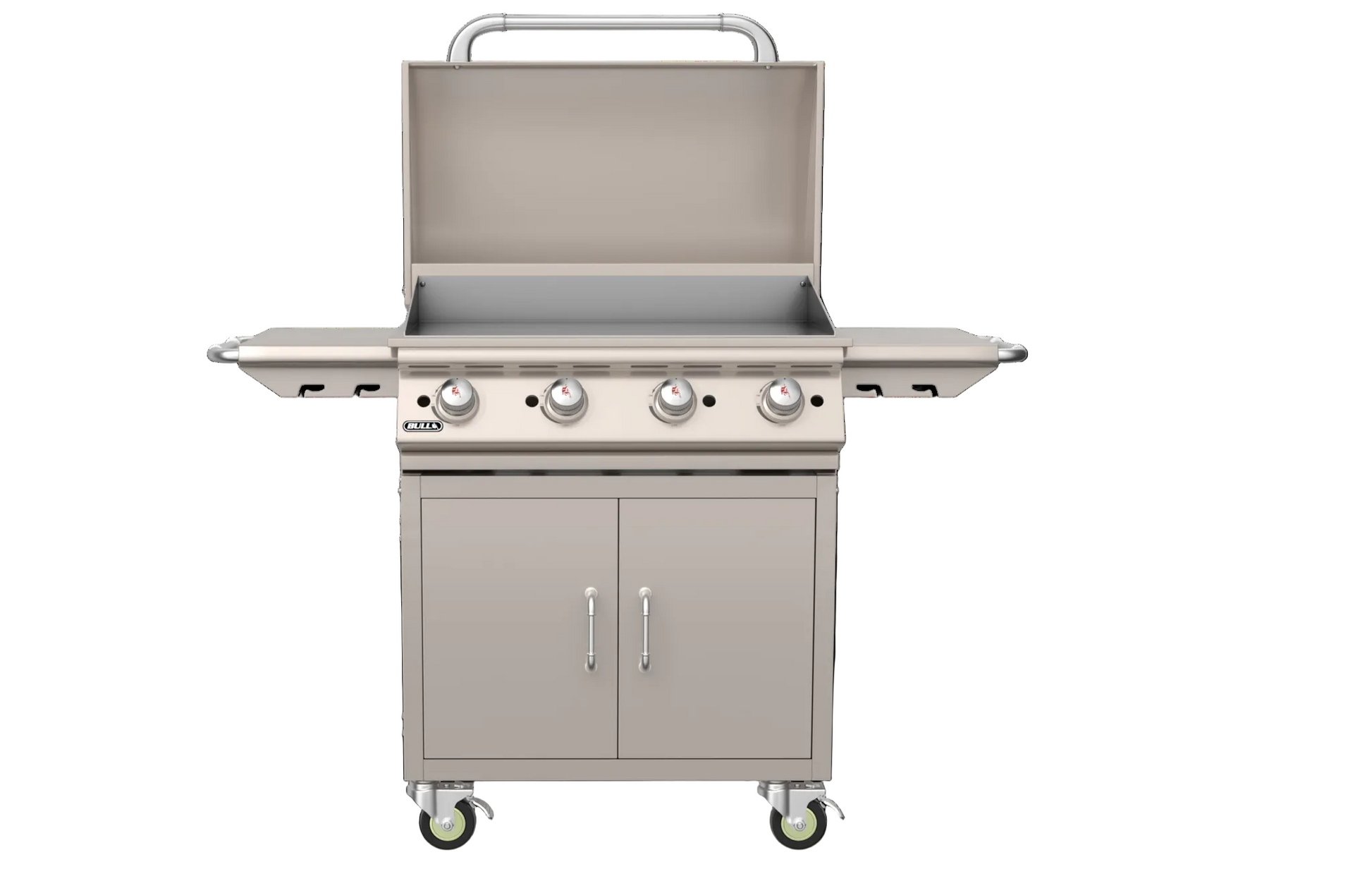 Front view of Bull 30-inch freestanding propane griddle with hood open