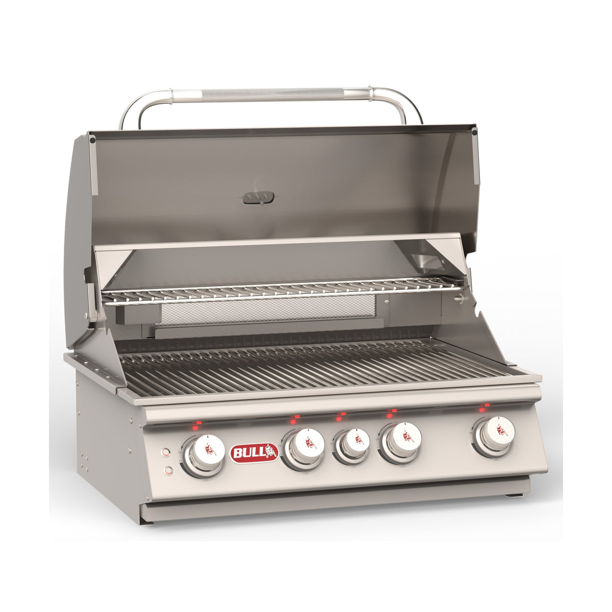 Bull Angus 30-inch built-in gas grill, lid open, front view